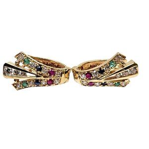 Ladies 14k Yellow Gold Natural Gemstone Diamond Drop Earrings